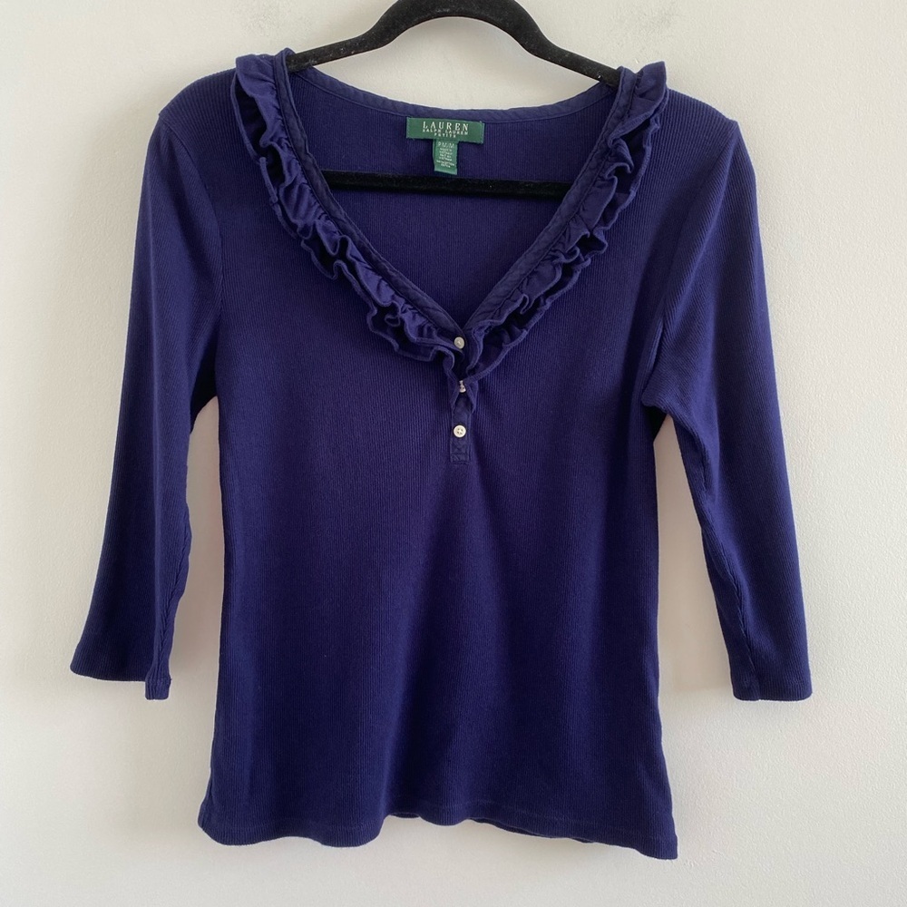 Lauren Ralph Lauren Navy Blue Ruffle Collar Ribbed 3/4 Sleeve Top Size Petite M